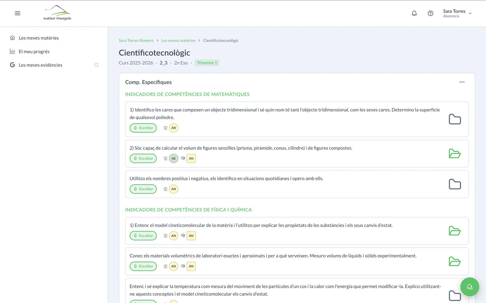 Pantalla de ebalua con los indicadores de una materia